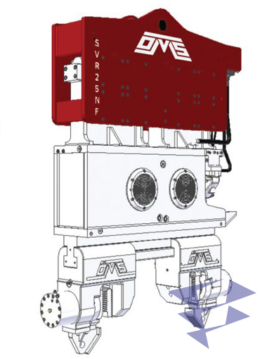 Иллюстрация вибропогружателя с нормальной частотой используемый для погружения шпунта, свай и труб серии NF компании Ozkanlar Makina
